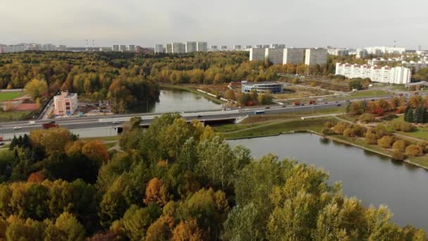 Grand étang dans le parc de la Victoire en automne à Zelenograd de Moscou, Russie — Video