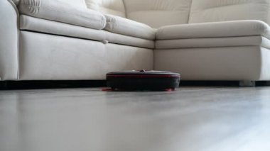 Robot elektrikli süpürge toz beyaz kanepe yakınındaki odasında toplar.