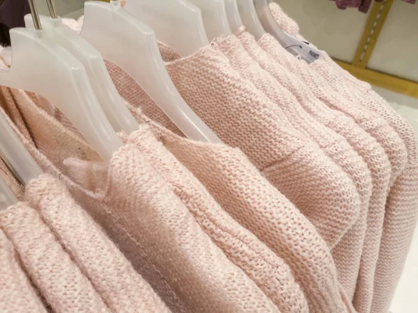 Knitted Woolen Sweaters Hanger Store — Stock Photo, Image
