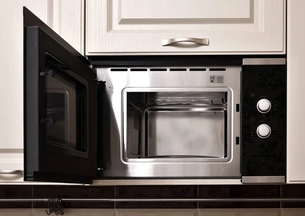 Open Empty Microwave Kitchen Cupboard — Stock Photo, Image