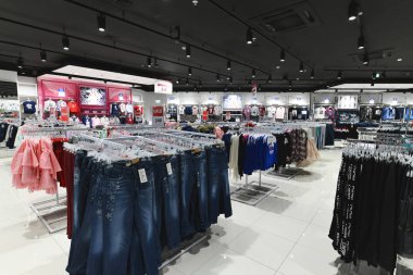 Moscow, Russia - January 18. 2019. The interior of shop Gloria Jeans. Company for production and trade of clothing for children and youth