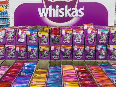 Moscow, Russia - Feb 12.2019. Whiskas cat food in Auchan store clipart