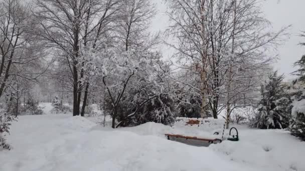 都市公園、モスクワ、ロシアで降雪時のベンチ — ストック動画