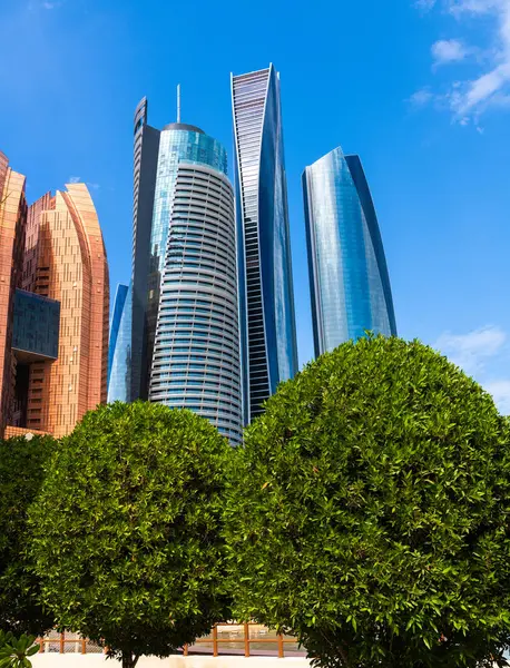 Abu Dhabi, UAE - March 30. 2019. The Etihad Towers and other skyscrapers in sunny day — Stock Photo, Image