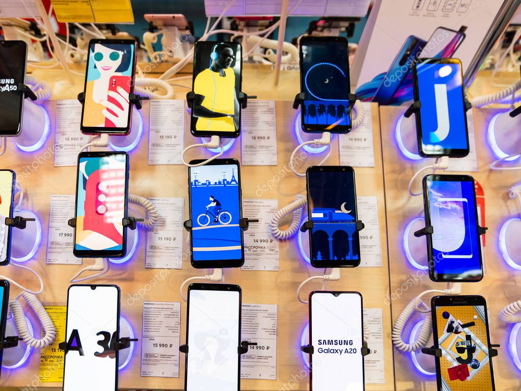 Moscow, Russia -May 15.2019. Samsung cell phones in a shop window in MVideo store