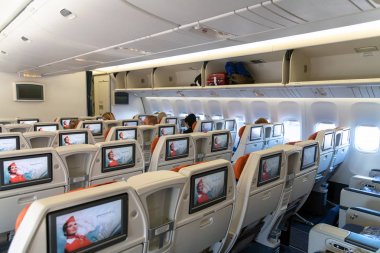 Moskova, Rusya - 27 Mart. 2019. Aeroflot uçağında business class. Geri görünüm