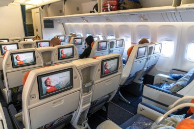 Moskova, Rusya - 27 Mart. 2019. Aeroflot uçağında business class. Geri görünüm