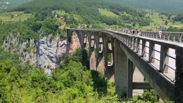 Plewlja, Montenegro - 11. Juni. 2019. Dzhurdzhevich Brücke über den Fluss Tara — Stockvideo