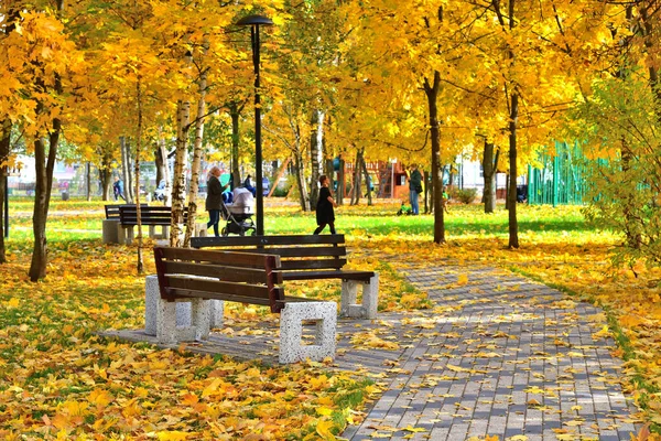 Moskau, Russland - 3. Oktober. 2019. schöner Stadtherbstpark mit Bank — Stockfoto