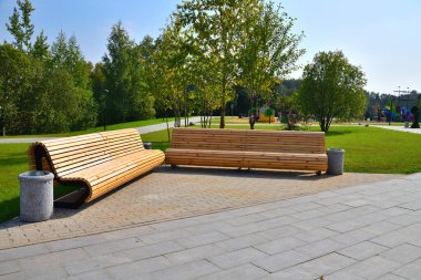 Moskova, Rusya 'da bir şehir parkında güzel ahşap banklar.