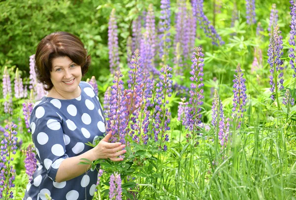 Donna Radura Tra Lupini Fiore — Foto Stock