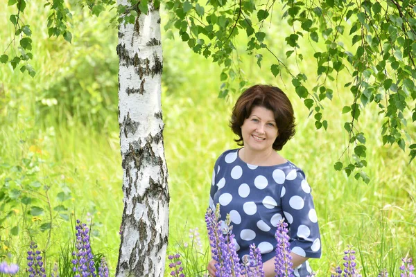 Russian Woman Birch Summer — Stock Photo, Image