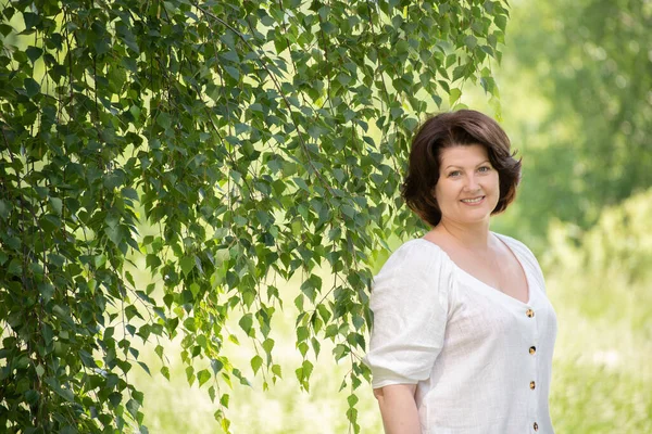 Russian Woman Birch Summer — Stock Photo, Image