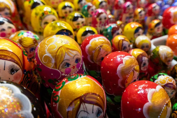 Moscow, Russia - Feb 21. 2020. Matryoshka - old national toy at gift shop — Stock Photo, Image