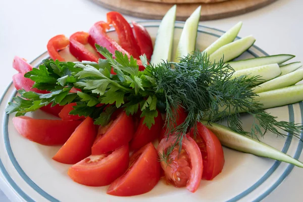 Plato Verduras Frescas Tomate Pepino —  Fotos de Stock