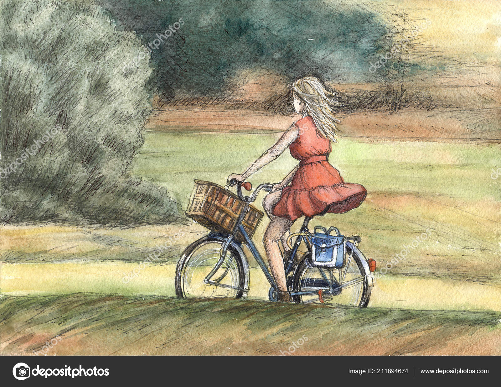 Girl Dressed Red Dress Rides Bicycle Countryside Watercolor Ink