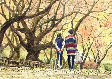 Couple of young people walking in an old autumn park. Watercolor, ink painting clipart