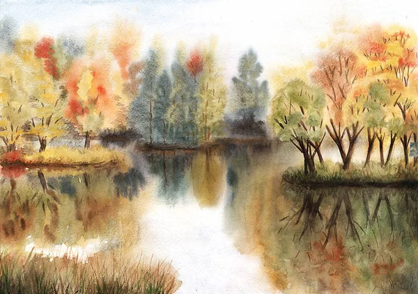 호수에 그들의 반사에 나무와 수채화가 — 스톡 사진