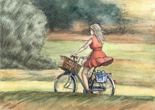 Girl dressed in a red dress rides a bicycle in a countryside. Watercolor, ink painting