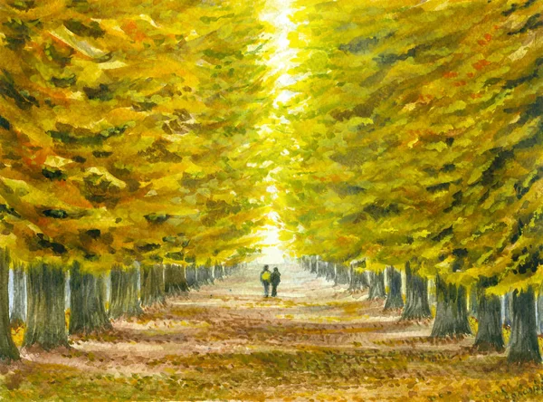 Watercolor illustration of the autumn landscape with a couple strolling through the old park