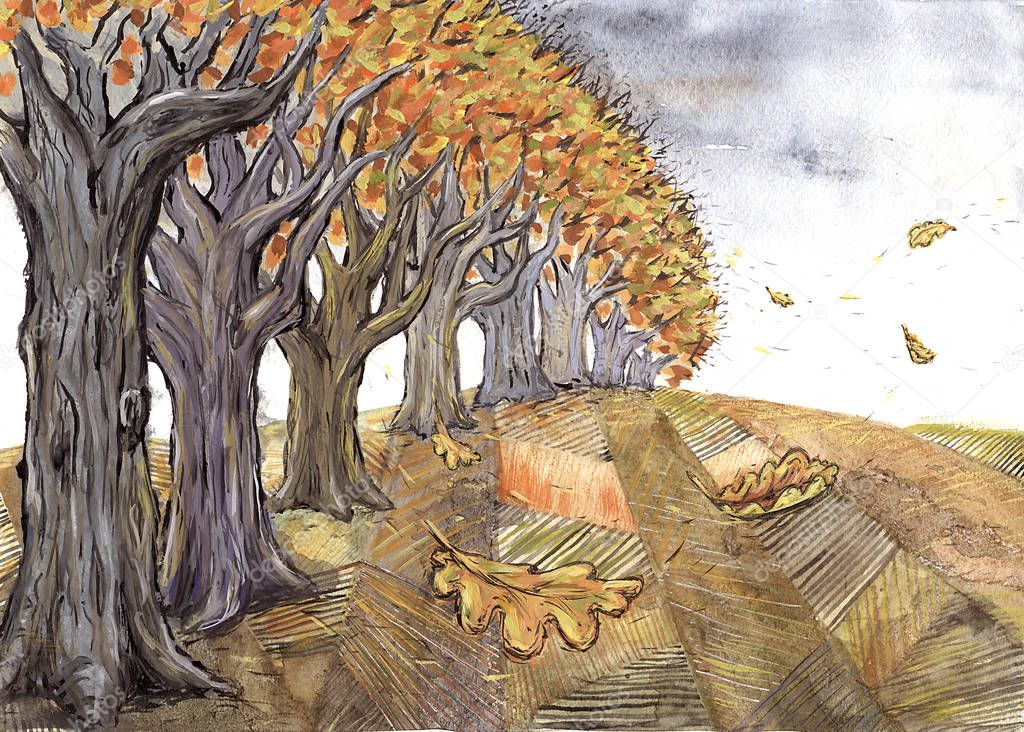 Watercolor and gouache autumn landscape with oak trees in the fields