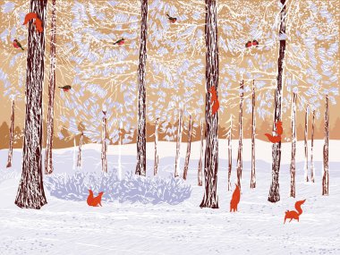 Sincap ve bullfinches tırmanma bir kış çam ormanı vektör çizim