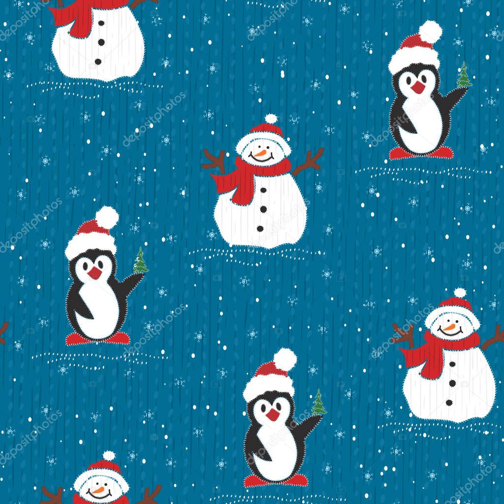 Vector seamless Christmas background with cute snowmen and penguins
