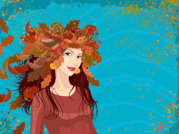 Vektorillustration Vacker Kvinna Med Krans Hösten Lämnar Huvudet — Stock vektor