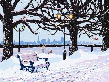 Vektör kış manzara ile akşam karlı park