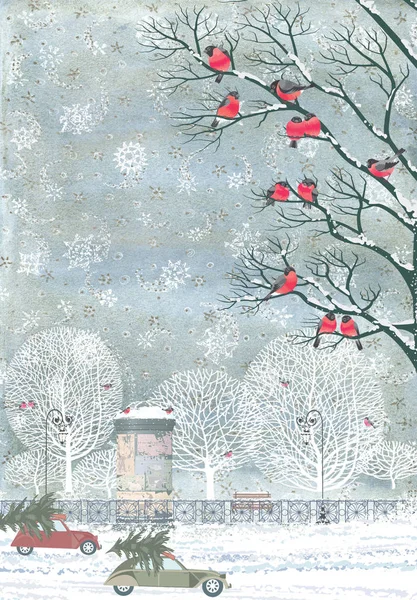 水彩画の背景に雪の結晶 ベクトルから構成がみごとトップ フェンス 街路灯 ベンチにクリスマス ツリーと車列の広告に 木の枝に止まったの群れ — ストック写真