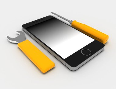 Beyaz arka plan üzerinde telefon tamiri. 3D render illüstrasyon