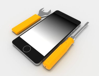 Beyaz arka plan üzerinde telefon tamiri. 3D render illüstrasyon