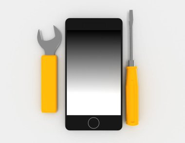 Beyaz arka plan üzerinde telefon tamiri. 3D render illüstrasyon