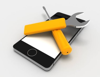 Beyaz arka plan üzerinde telefon tamiri. 3D render illüstrasyon