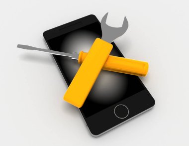 Beyaz arka plan üzerinde telefon tamiri. 3D render illüstrasyon