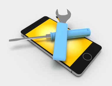 Beyaz arka plan üzerinde telefon tamiri. 3D render illüstrasyon