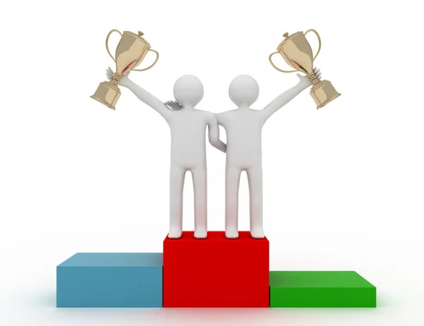 Two Characters Holding Golden Trophy Team Victory Concept Rendered Illustration — Stock Photo, Image