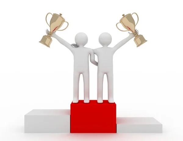 Two Characters Holding Golden Trophy Team Victory Concept Rendered Illustration — Stock Photo, Image