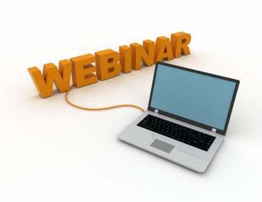 Webinar kavramı. Dizüstü sigortayı kelime webinar için. 3D render illüstrasyon