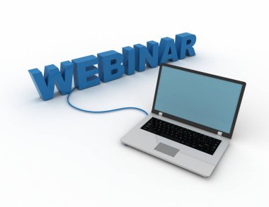 Webinar kavramı. Dizüstü sigortayı kelime webinar için. 3D render illüstrasyon