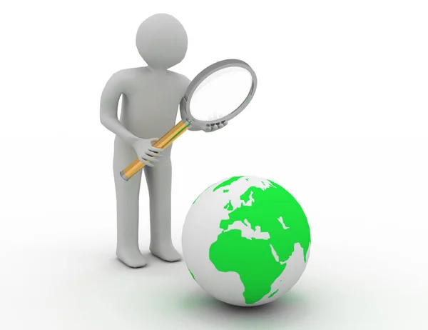 Man Holding Magnifying Glass Looking Globe Map Rendered Illustration — Stock Photo, Image