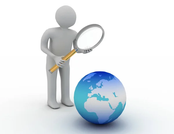 Man Holding Magnifying Glass Looking Globe Map Rendered Illustration — Stock Photo, Image