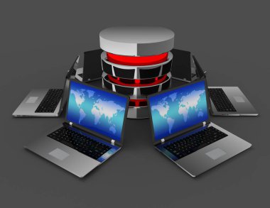 Dizüstü bilgisayarlar ile veritabanı kavramı. 3D render illüstrasyon