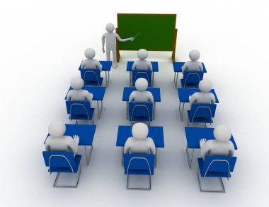 3D beyaz insanlar. Sınıfta öğrenciler. 3D render illüstrasyon