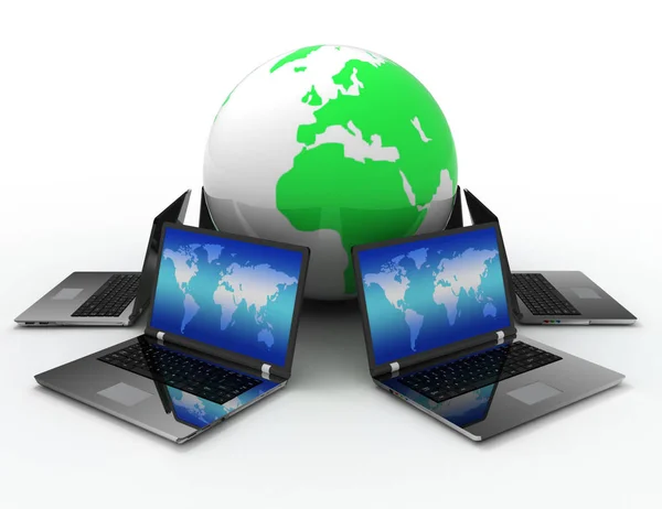 Laptops Network Earth Globe Rendered Illustration — Stock Photo, Image