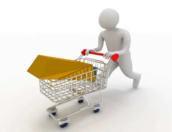 Character Pushing Shopping Cart Large Gold Bar Rendered Illustration — Stock Photo, Image