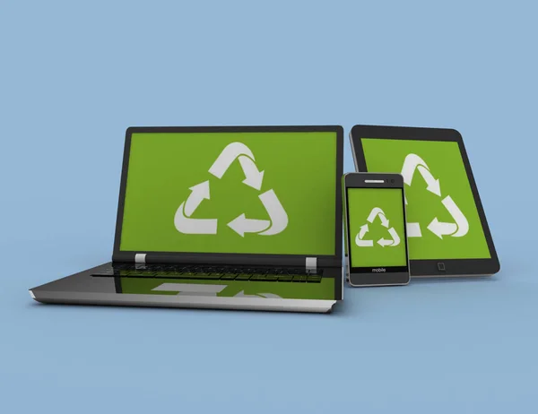 laptop smartphone and tablet pc with recycle sign . 3d rendered illustration