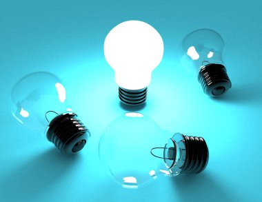 fikir kavramı. Işık Ampüller. 3D render illüstrasyon