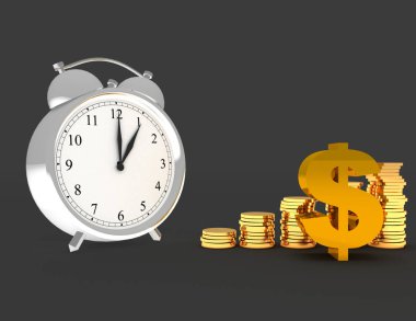 Çalar saat ve sikke yığını. 3D çizim