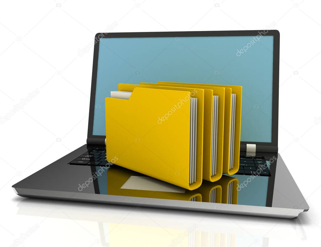laptop and folders. search of data. 3d illustration